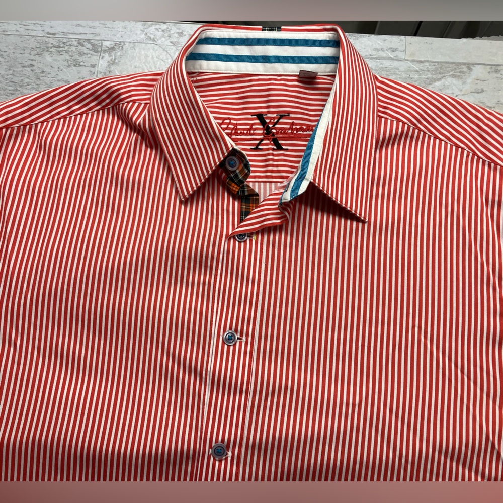 Robert Graham X Shirt Mens Large Red Stripes Flip Cuff Classic Point Collar